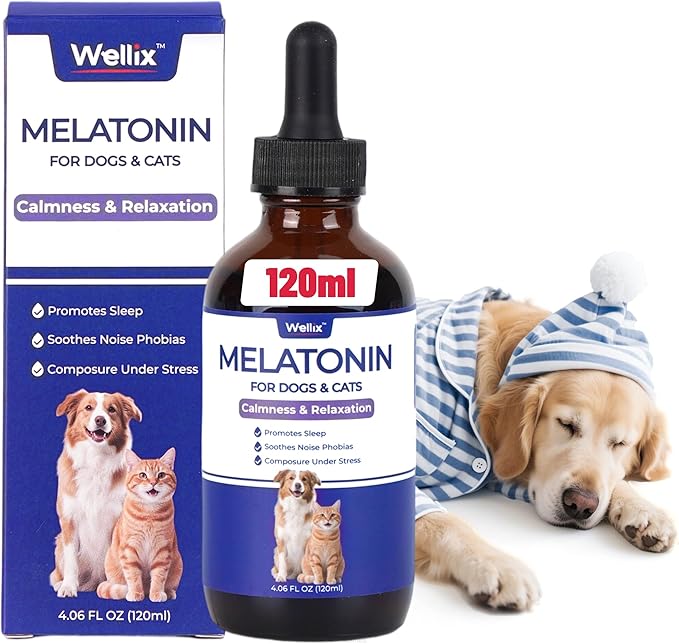 Wellix 4oz Larger Volume Melatonin for Dogs&Cats – Liquid Melatonin Drops, Sleep Aid, Dog Calming for Hyper Dogs, Cat & Dog Sedative for Grooming, Stress Relief, Bacon Flavor