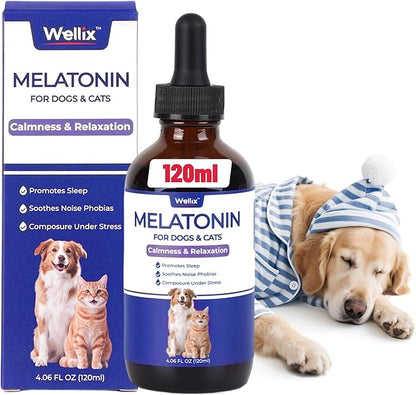 Wellix 4oz Larger Volume Melatonin for Dogs&Cats – Liquid Melatonin Drops, Sleep Aid, Dog Calming for Hyper Dogs, Cat & Dog Sedative for Grooming, Stress Relief, Bacon Flavor