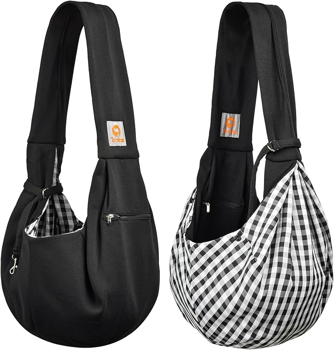 Tomkas Small Dog Sling Carrier - Zipper Pocket & Classic Strap - for 3-10 lbs Pets(Black)