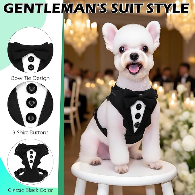 EXPAWLORER Dog Tuxedo Harness, Adjustable No Pull Pet Vest Harness with Leash Wedding Suit Attire with Bow Tie, Soft Padded Step-in Party Outfit Costume for Puppy Small Medium Dogs, Black S