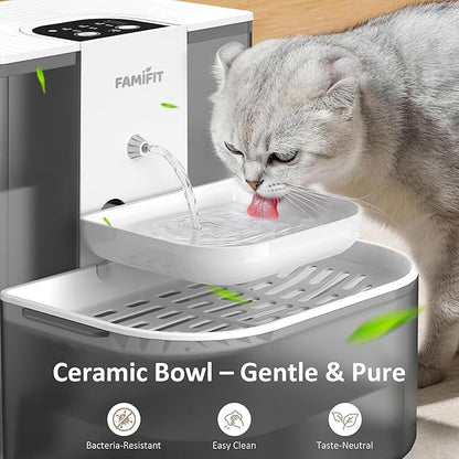 [New Upgrade] Famifit 4.5L+2L Automatic Cat Water Fountain (Non-Heated), 2000mAh Battery, Timed 3/6/9H & 80/100/120ml Control, Clean Water System, No Filter, Ceramic Bowl, Ultra Quiet