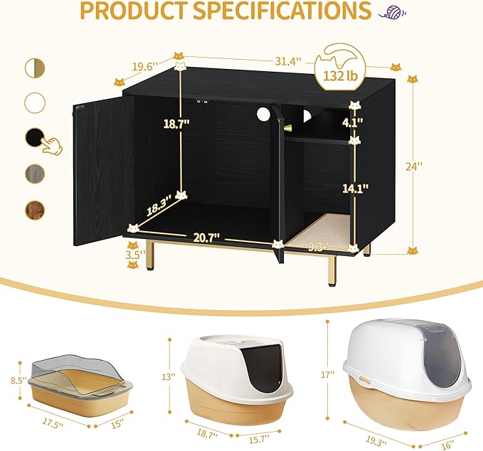 Hzuaneri Cat Litter Box Enclosure Enclosed, Hidden Litter Box Cabinet Furniture with Storage, Wooden Indoor Cat House Large, Modern End Table for Living Room Entryway, Black and Gold CB01504G