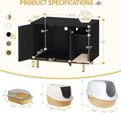Hzuaneri Cat Litter Box Enclosure Enclosed, Hidden Litter Box Cabinet Furniture with Storage, Wooden Indoor Cat House Large, Modern End Table for Living Room Entryway, Black and Gold CB01504G