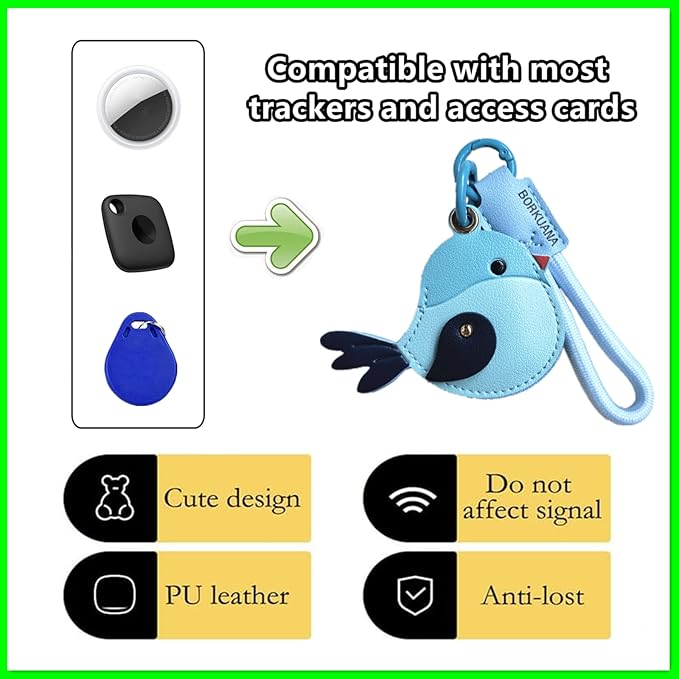 Leather Keychain Holder Case Compatible with AirTag,Cute Protective Cover with Keyring and Lanyard,Anti-Scratch Finder GPS Tracker Case for Wallet Keys,Bag,Pets,Backpack(Blue Bird)