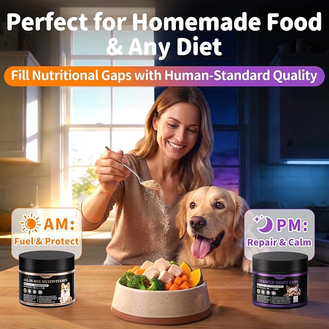 25-in-1 Dog Vitamins and Supplements - Day & Night 2 Pack - Dog Multivitamin Powder with Collagen, Glucosamine, Probiotics - Joint, Gut, Calm, Skin & Immune Support, Chicken Flavor, 150 Scoops