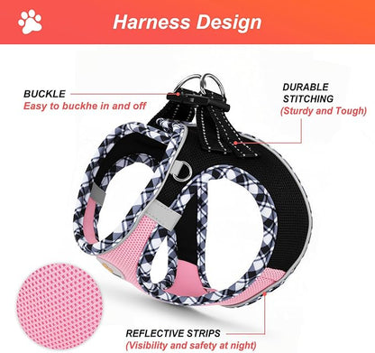 Hipubby Dog Harness Small Sized and Leash Set, No Pull Soft Mesh Puppy Vest, Reflective Breathable Lightweight Pet Harness, Harness for Small Medium Dogs and Cats - Black Pink, XXS