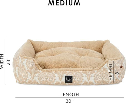Nicole Miller New York PET Mod Damask Plushy Bolster Pet Bed, Cozy & Calming, Non-Slip Bottom, Machine Washable Cover, Taupe, Medium 30"x23"x8"