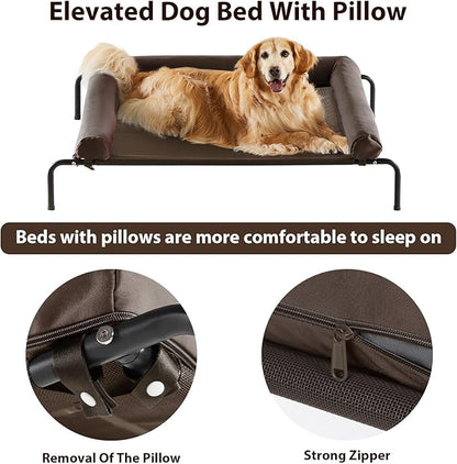 Cooling Elevated Dog Bed for Large Dogs – Waterproof Raised Dog Cot with Slope Headrest, Breathable Teslin Mesh, Durable & Portable Pet Bed for Indoor and Outdoor Use, Brown