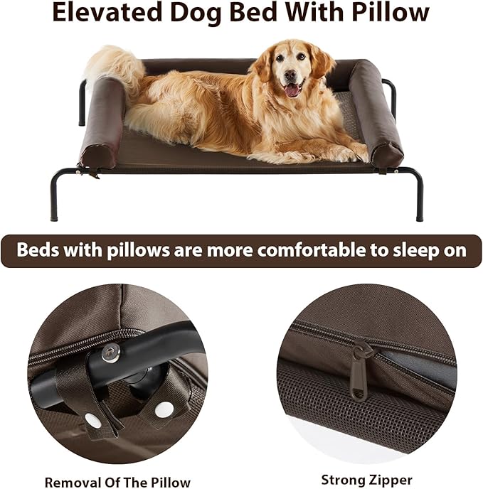 Cooling Elevated Dog Bed for Large Dogs – Waterproof Raised Dog Cot with Slope Headrest, Breathable Teslin Mesh, Durable & Portable Pet Bed for Indoor and Outdoor Use, Brown