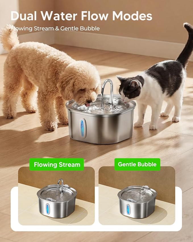 PEKTACO Stainless Steel Cat Water Fountain, 3.2L/108oz Cat Water Dispenser with Quiet Water Pump, Dishwasher Safe Pet Drinking Fountain for Cats with 3 Filters + 3 Sponges
