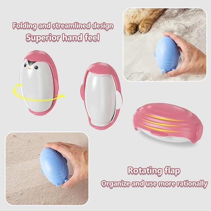 Penguin Shape Portable pet Hair Roller, Reusable Lint Rollers for Pet Hair,Washable Reusable Hair Remover for Cleaning Various dust and Debris(Pink)