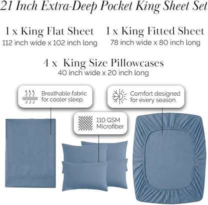 Southshore Fine Living, Inc. 6 Piece, 21 Inch Extra Deep Pocket King Sheet Set, Pet Hair Resistant Bedding w/ 4 Pillow Cases, Blue King Sheets Deep Pocket Set, Easy Care, Coronet Blue Sheets
