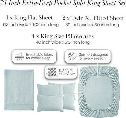 Southshore Fine Living, Inc. 7-Piece Split King Sheet Set, 21-Inch Deep Pocket Split King Sheets for Adjustable Bed, Microfiber Bedding, Oversized Flat Sheet, Blue Pillow Cases, Sky Blue Sheets
