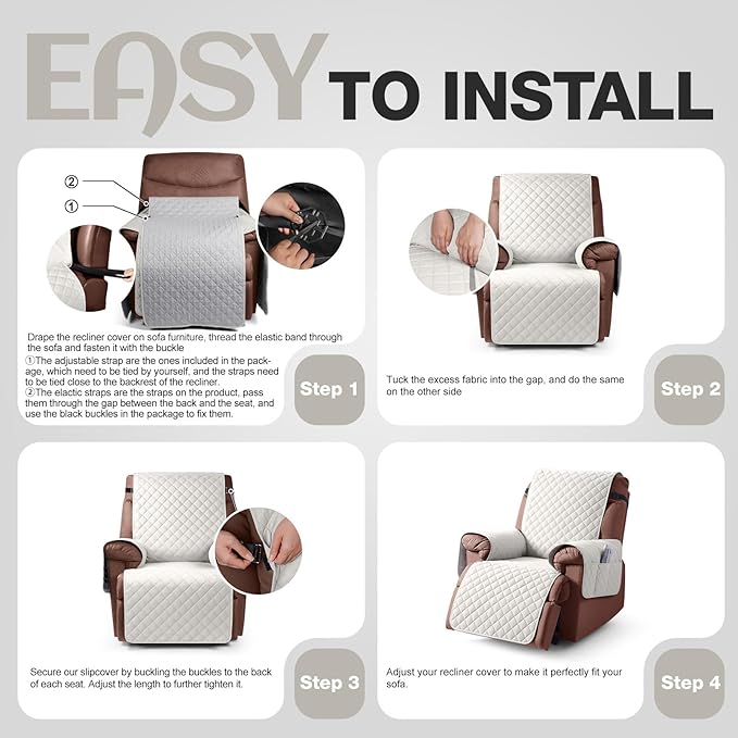 KinCam 100% Waterproof Recliner Chair Cover, Reclining Couch Covers for Pets, Dogs, Recliner Couch Slipcover Furniture Protector with Elastic Straps for Kids(25", Beige White)