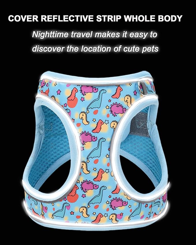 XXS Blue Dinosaur Pattern Dog Harness and Leash Set,No Escape Puppy Harnesses for Training Walking，Breathable Adjustable Puppy Vest for Small Medium Dogs, Cats (Blue, XXS)
