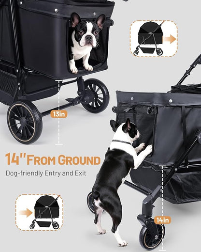 Dog Stroller for Large & Medium Dogs, Pet Stroller for 2 Small Dogs, Extra Large Heavy Duty, Foldable Design, Adjustable Handle, with Pocket, Up to 132 lbs(Drak Black)