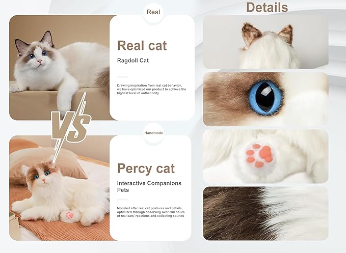 Chongker Interactive Companion Robot Cat Pets, Handmade Weighted Stuffed Animals, Cat Plush Toy with Voice Response, Realistic Heartbeat and Purring, Ragdoll Cat
