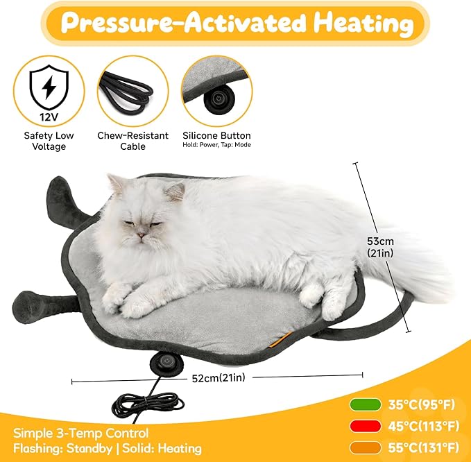 Cat Heating Pad for Indoor Cats Dogs Pressure-Activated Heated Cat Bed for Pets Warming Mat Electric Heated Pads with Removable Cover Adjustable Temp Sunflower Grey 22"X 22"