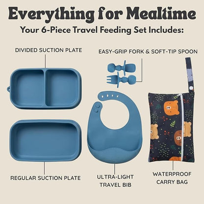 Baby Travel Essentials 6 Pc Silicone Feeding Set - Portable Toddler Plates with Suction, Baby Spoons & Foldable Bib in Carrying Case - BPA-Free Infant & Toddler Utensils for Airplanes & Eating Out