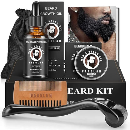 Varolan Beard Growth and Grooming Kit - Growth Oil (2Oz), Balm, Comb, E-book, Storage Bag, Mustache Mens Gift Set for Him