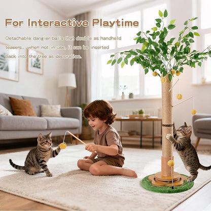 45" Tall Cat Scratching Post with Sisal Rope for Indoor Cats Adults Kittens, Cat Tree Scratcher with Hanging Balls, Self Groomer, Track Balls