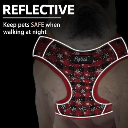PUPTECK Christmas Small Dog Harness and Leash Set, No Pull Adjustable Puppy Cat Harness, Reflective Soft Mesh Pet Vest Small Sized, Checkered, M