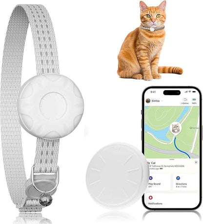 Cat Tracker, GPS Tracker Compatible with Apple Find My App(Only iOS), Waterproof Cat Tracker Collar with Bell and Safety Elastic Buckle, No Monthly Fee, Territory & Location History (White)