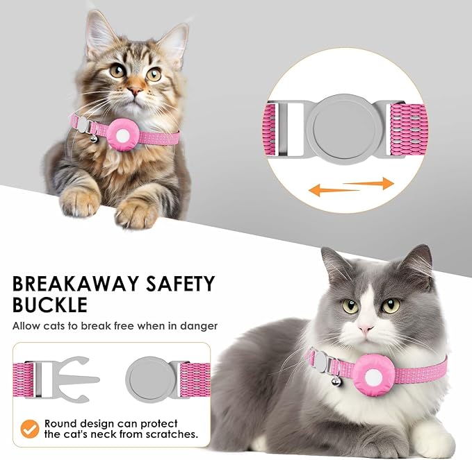 Cat Tracker, Mini GPS Tracker Compatible with Apple Find My App(Only iOS), Waterproof Cat Trackers Collar with Bell and Safety Elastic Buckle, No Monthly Fee Pet Tracker, Pink