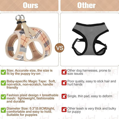 BEAUTYZOO Small Dog Harness and Leash Set,Step in No Choke No Pull Soft Mesh Dog Harnesses Reflective for Extra Small Medium Puppy Dogs and Cats, Plaid Dog Vest Harness for XS S Pets, Beige S