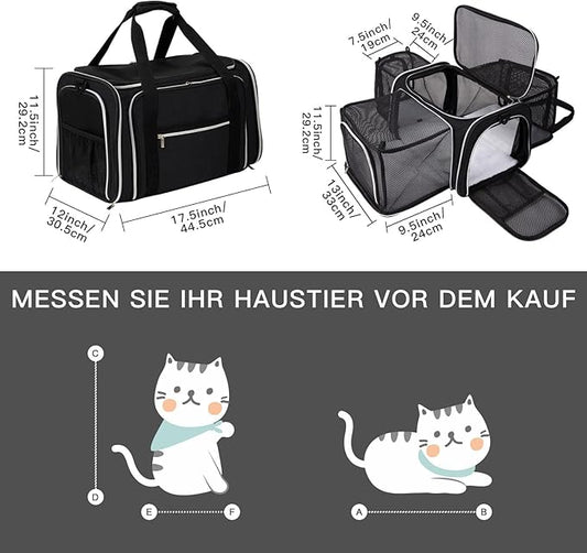 BAGLHER Expandable Cat Carrier with Travel Litter Box, Pet Travel 5 Sides Open Doors 3 Sides, Leak-Proof and Collapsible, for Car, Airplane Trip, Black