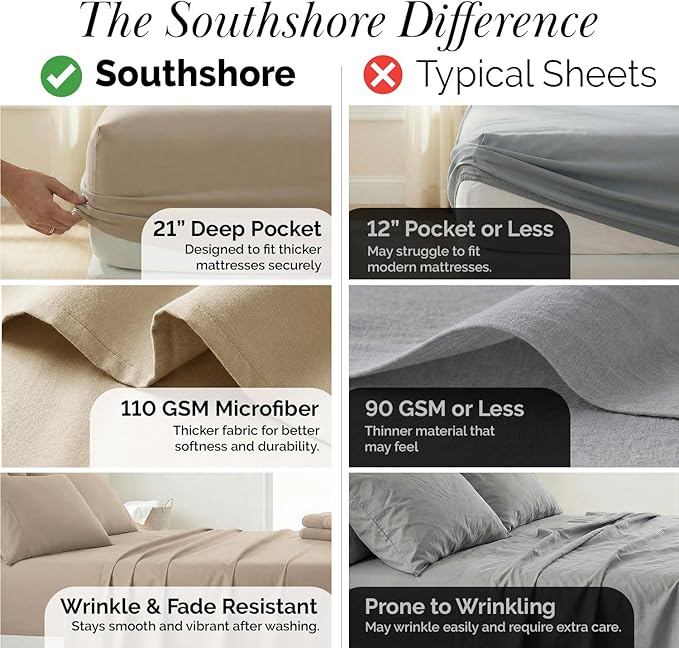 Southshore Fine Living, Inc. 21-Inch Taupe King Sheets Deep Pocket, 6-Piece Extra Deep Pocket King Sheet Set, Elastic Fitted Sheet, Oversized Flat, Machine Washable, 4 Pillow Cases, Taupe Sheets