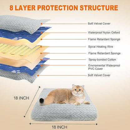 ENJOY PET Heated Cat Bed Indoor, 12 Level Temperature Dog Cat Heating Pad with Timer, Pet Heating Pad for Puppy Cats Dogs Electric Warming Pad, Chew Resistant Heated Pet Bed (18" x 18")
