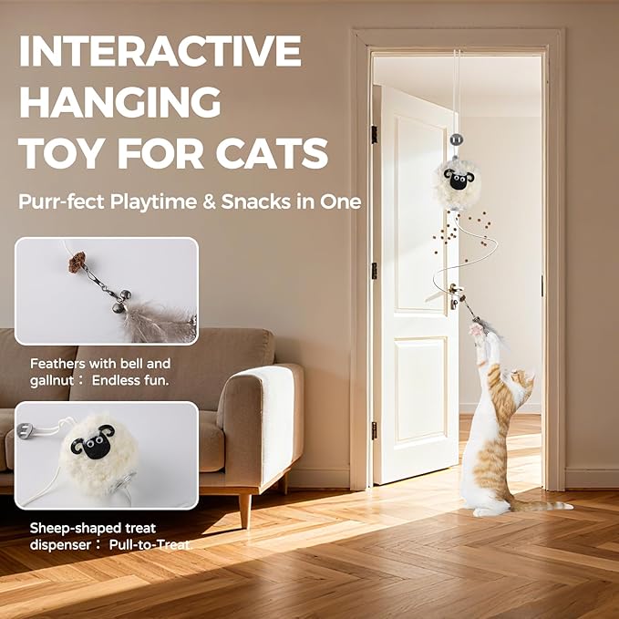 Interactive Cat Toys for Indoor Cats - [2026 New] Elastic Cat Feather Toys with Lamb-Shaped Puzzle Dispenser, Hanging Enrichment Toy that Delivers Joy and Award
