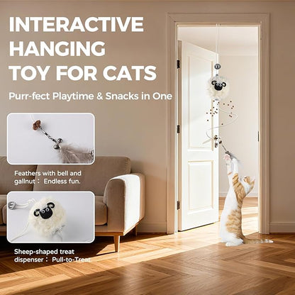 Interactive Cat Toys for Indoor Cats - [2026 New] Elastic Cat Feather Toys with Lamb-Shaped Puzzle Dispenser, Hanging Enrichment Toy that Delivers Joy and Award