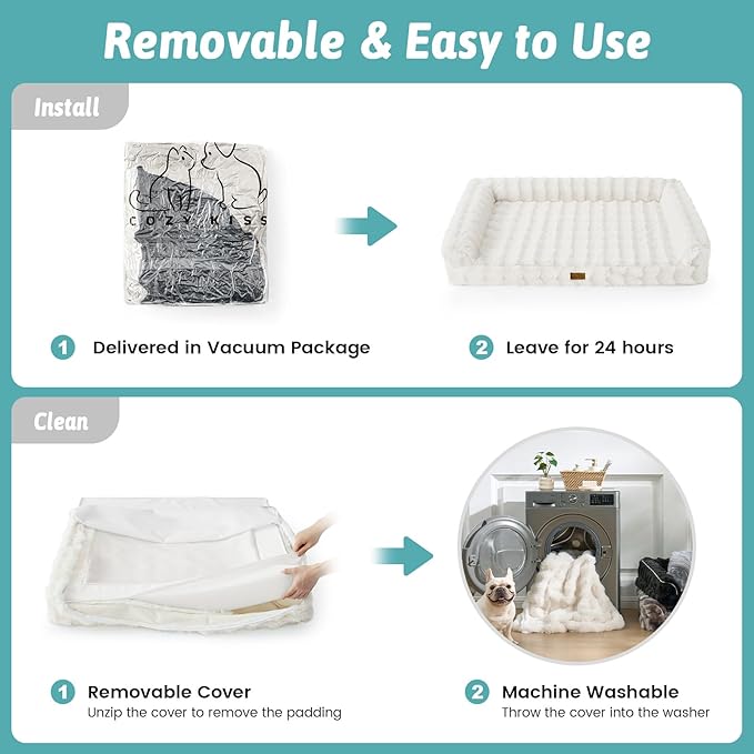 COZY KISS Faux Rabbit Fur Orthopedic Dog Bed, Large Dog Bed, Supportive Foam Pet Sofa with Waterproof Lining Cover, Washable U-Shaped Pet Couch with Anti-Slip Bottom Design, Beige XL 42x30x7 inch