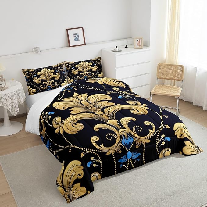 Bohemian Paisley King Comforter Set Hippie Mandanla Bedding Set, Black and Gold Duvet Insert Vintage Floral Quilt Comforter Boho Aesthetic Flower Bedding Comforter Sets, Retro Medallion Bedroom Decor