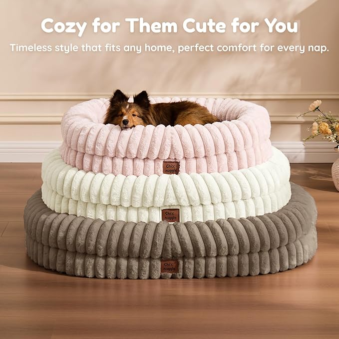ChiXnuggle Dog Bed Medium Sized Dog - Luxury Striped Faux Fur Waterproof Dog Couch with Removable Washable Cover, Orthopedic Dog Bed with Bolster Sides for Sleeping, Taupe