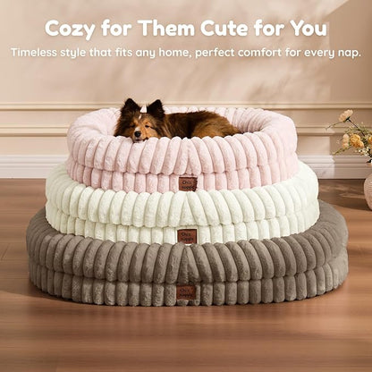 ChiXnuggle Dog Bed Medium Sized Dog - Luxury Striped Faux Fur Waterproof Dog Couch with Removable Washable Cover, Orthopedic Dog Bed with Bolster Sides for Sleeping, Taupe
