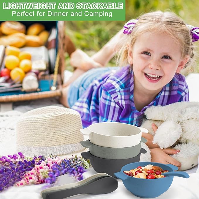 shopwithgreen Unbreakable Kids Bowls -Microwave Dishwasher Safe- Wheat Straw Snack Bowl Sets for Kids and Toddler-4 Bowls and 4 Spoons, Lightweight and Durable, 14 OZ