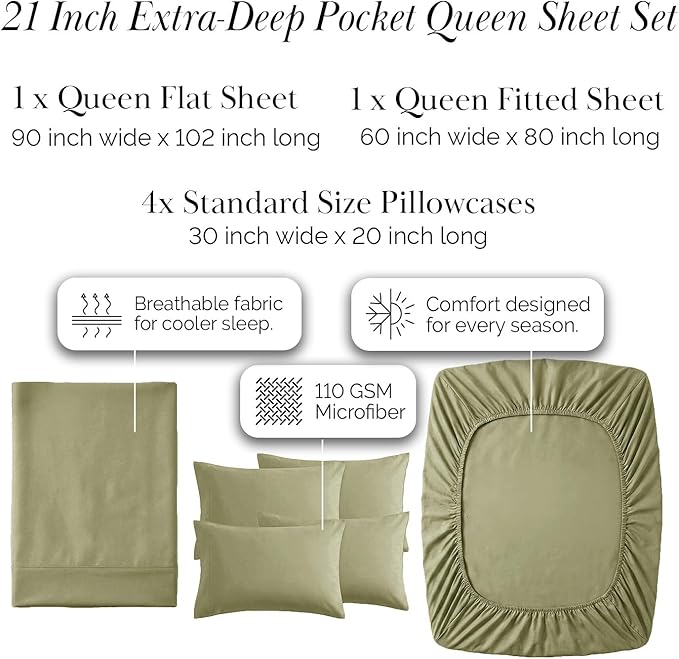Southshore Fine Living, Inc. 21-Inch Extra Deep Pocket Queen Sheets, 6-Piece, Microfiber Sheet Set Queen Size, Oversized Flat, Deep Pocket Fitted, Sage Green Pillowcases, Sage Green Sheets