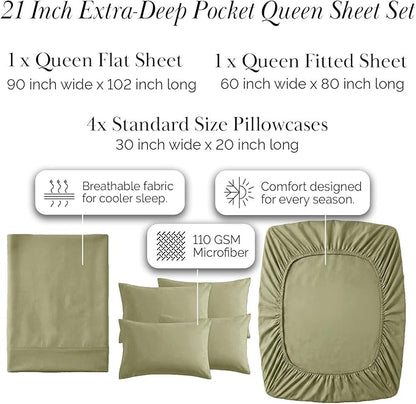 Southshore Fine Living, Inc. 21-Inch Extra Deep Pocket Queen Sheets, 6-Piece, Microfiber Sheet Set Queen Size, Oversized Flat, Deep Pocket Fitted, Sage Green Pillowcases, Sage Green Sheets