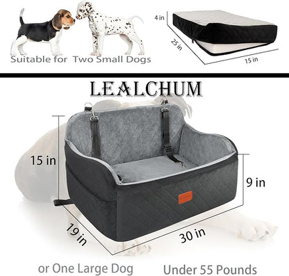 Lealchum Dog Car Seat Up to 55lb,2 Clip-On Safety Adjustable Leashs Car Dog Bed for 2 Small Dogs,Fully Detachable and Washable Pet Car Seat with 2 Storage Pockets,Easy to Install(Black/Grey, Large)