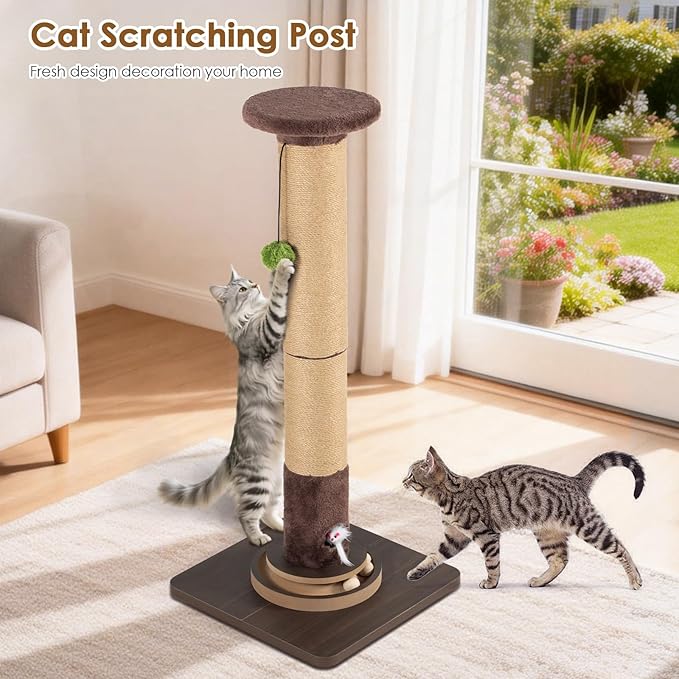 35.4" Tall Sisal Cat Scratching Post, Anti-Tip Stable Base, Interactive Mouse Hole & Toys, Furniture Grade Wood Cat Scratcher Tower for Indoor Cats
