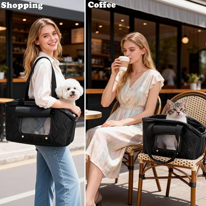Dog Purse Carrier for Small Dogs Cats, Lightweight Luxury Pet Bag with Pocket for Puppy Kitten, Soft-Sided Travel Dog Bag Tote Up to 10 lbs,TSA Airline Approved (Black, 14.17'' L x 7.09''W x 8.66''H)