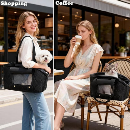 Dog Purse Carrier for Small Dogs Cats, Lightweight Luxury Pet Bag with Pocket for Puppy Kitten, Soft-Sided Travel Dog Bag Tote Up to 10 lbs,TSA Airline Approved (Black, 14.17'' L x 7.09''W x 8.66''H)