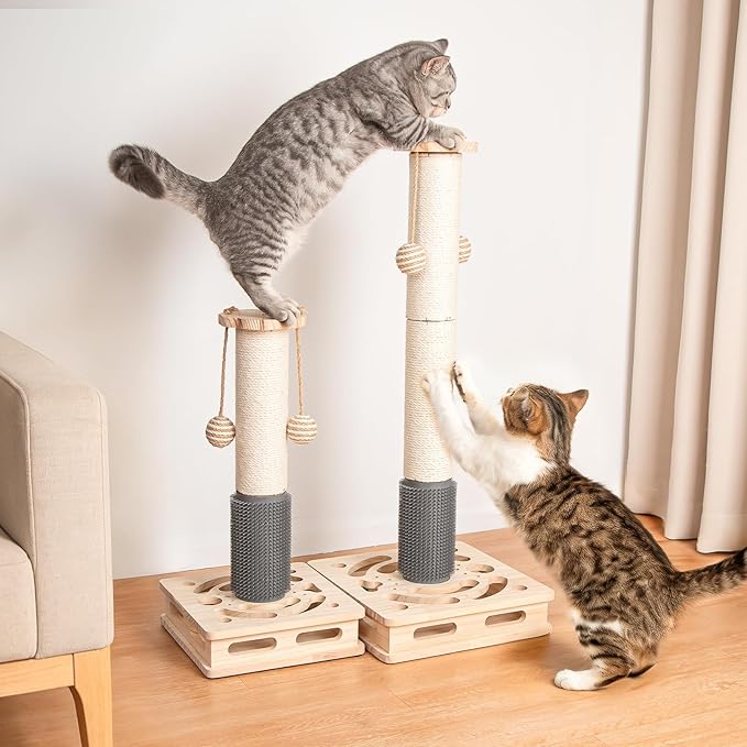 30.3 Inch Large Cat Scratching Post, 4-in-1 Interactive Maze Base with Cat Self Groomer, Natural Pine Wood & Premium Sisal Scratching Pole, Anti-Slip Detachable Design for Indoor Cats