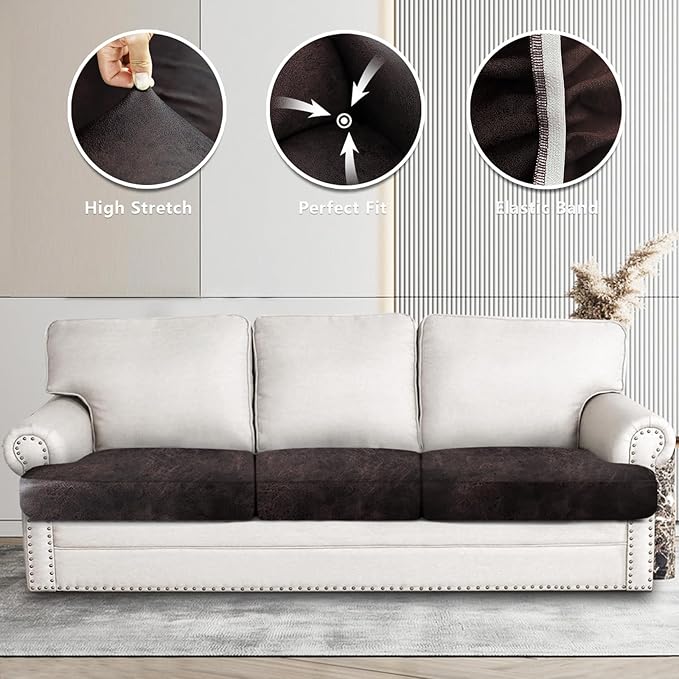 ANARACHON Leather Look Couch Cushion Covers Sofa Seat Slipcovers Sets Couches Furniture Protector for Sectional Armchair Loveseat Pets Kids Stretch Spandex Fabric (3 T-Cushion Sofa, Chocolate)