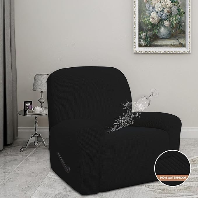 Easy-Going 100% Waterproof Recliner Cover, Dual Waterproof Couch Cover for Recliner, 1- Piece Jacquard Sofa Cover, Leakproof Sofa Slipcover for Kids, Pets, Dog and Cat (Recliner, Black)
