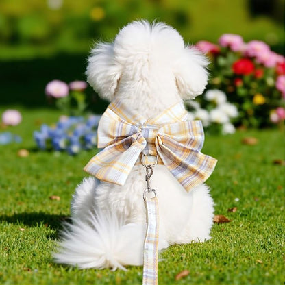 Cute Dog Harness and Leash Set with Bow Tie Soft Mesh Plaid Girl Puppy Harness No Pull Pet Cat Dog Vest Harness for Small Dogs Chihuahua Rabbit Outfit (Yellow,S)