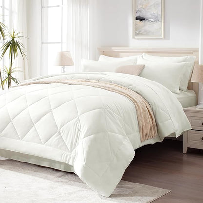 Love's cabin Queen Comforter Set Ivory, 7 Pieces Queen Bed in a Bag, All Season Bedding Sets with 1 Comforter, 1 Flat Sheet, 1 Fitted Sheet, 2 Pillowcase and 2 Pillow Sham